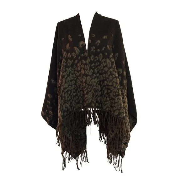 Mixit Reversible Wrap Women One Size Brown Fringe Animal Print Bohemian Preppy - Picture 3 of 6